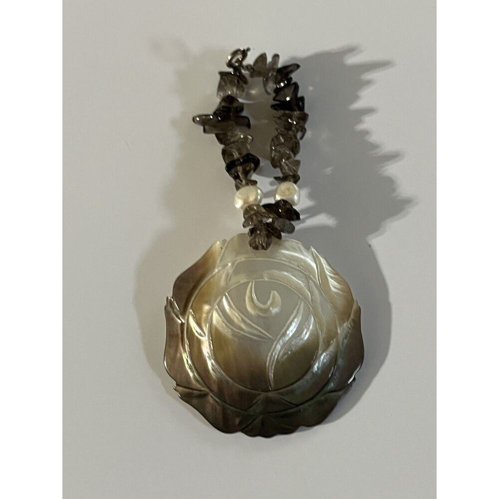 Carved Mother of pearl pendant Sterling 925 findings semi-precious stones